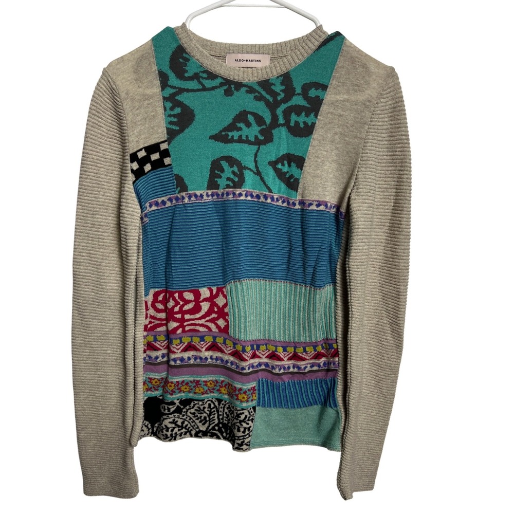 Anthropologie Aldo Martins Multi Pattern Patchwork Knit Sweater Women Crewneck